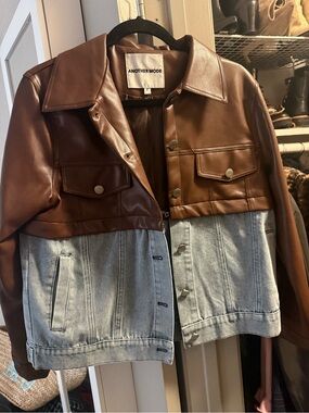 ANOTHER MODE Brown Faux Leather and Light Blue Denim Cropped Jacket
